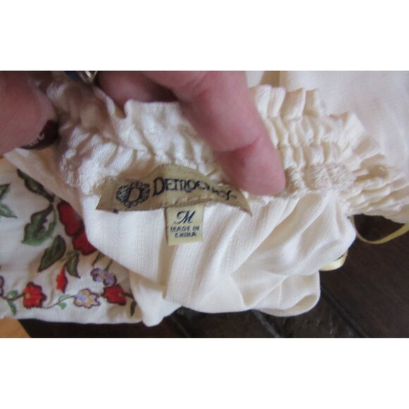 Democracy White Peasant Blouse w Floral Embroidered Sleeves & Tie Cuffs Medium - Picture 6 of 7
